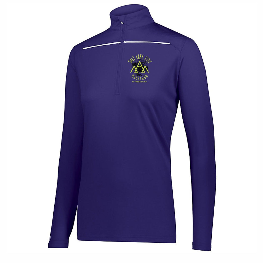'Left Chest Print' Women's Contrast 1/4 Zip - Purple /White